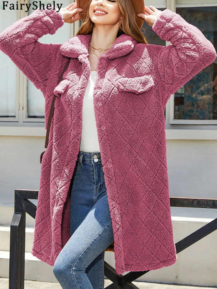 FairyShely Brown Puff Long Women's Winter Jacket – Plush Warm Coat