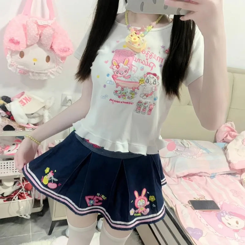 SweetCartoon™ – Embroidered Pleated Y2K Skirt (Cute A-line Faldas)