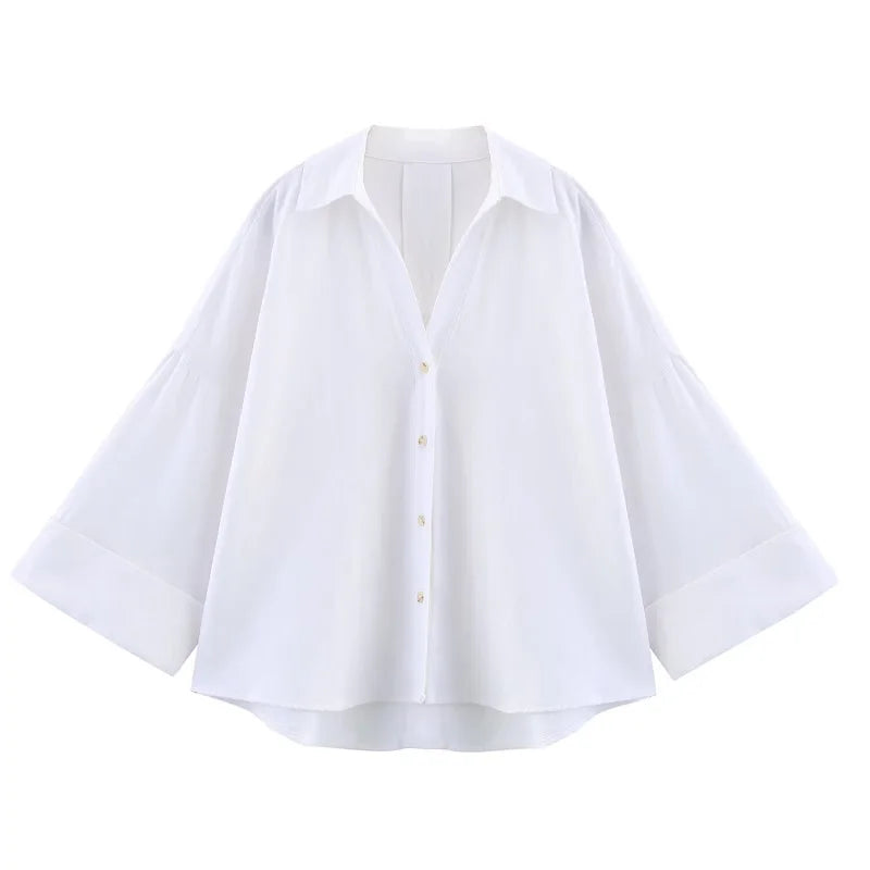 WideLine Oversized Striped Shirt in summer white, casual blouse with loose fit and turn-down collar for women.