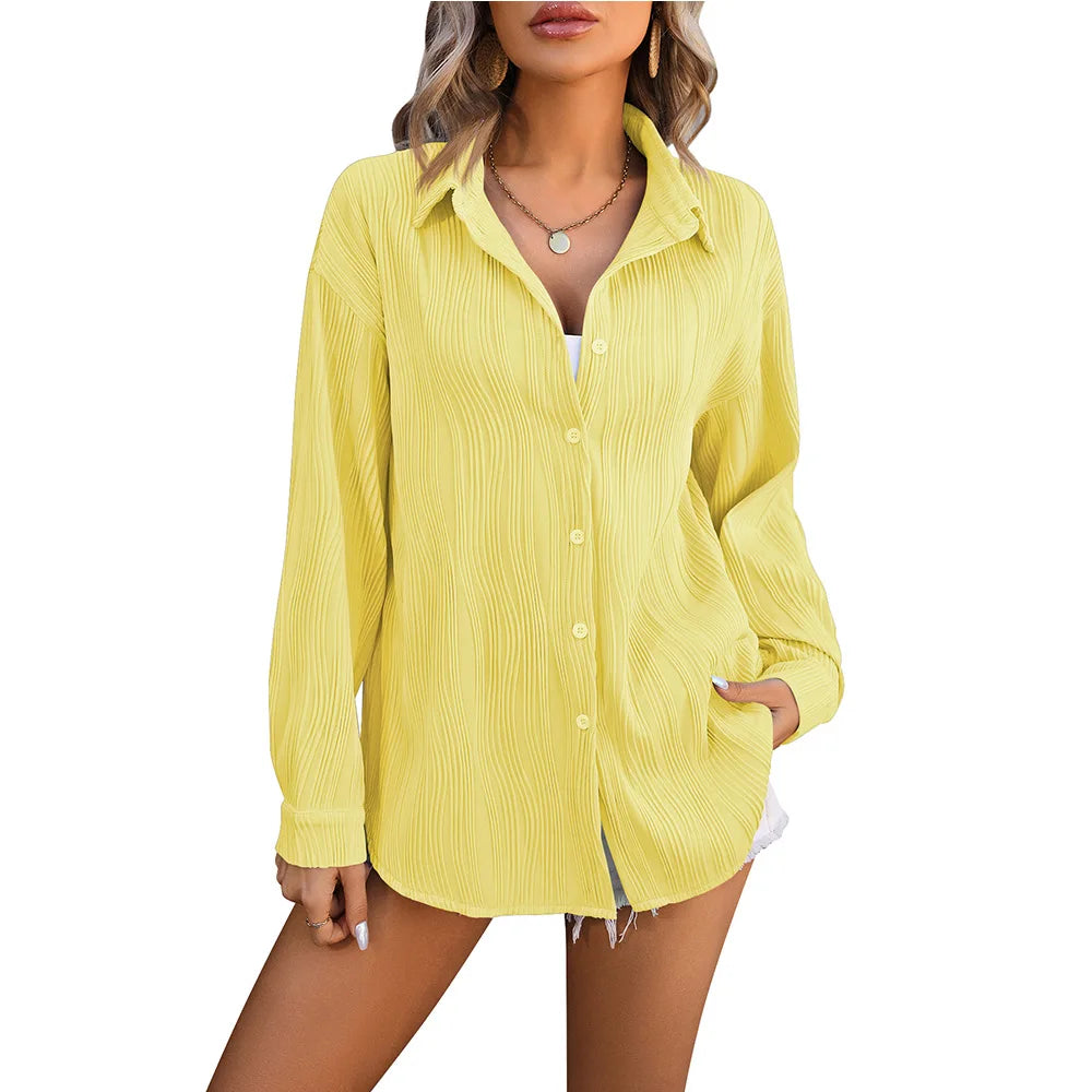 HarajukuMuse™ Women's Yellow Casual Blouse with Turn-Down Collar, Long Sleeves, and Loose Fit, Perfect for Spring/Autumn.