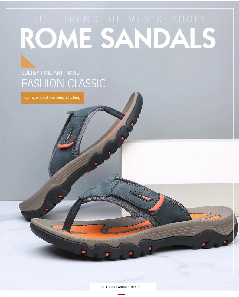 Men Cow Leather Beach Flip Flops Sandals