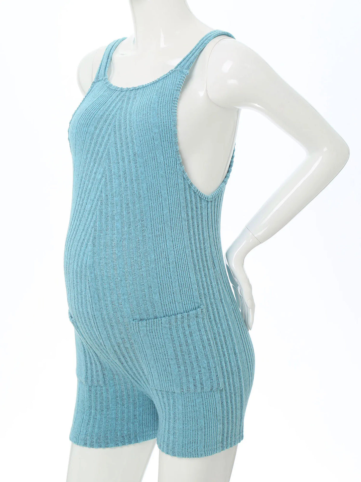 Sleeveless ribbed maternity jumpsuit in blue, designed for comfort and style during pregnancy, made from cotton and spandex.