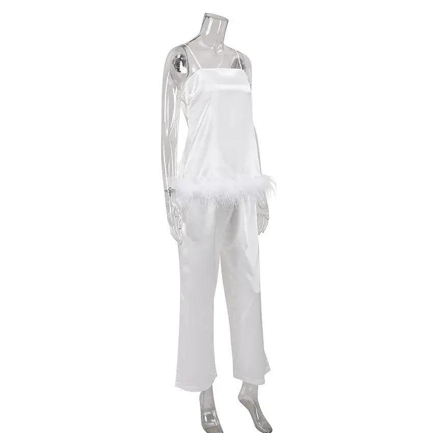 Women Satin Pajama Set with Feather Trim Pants
