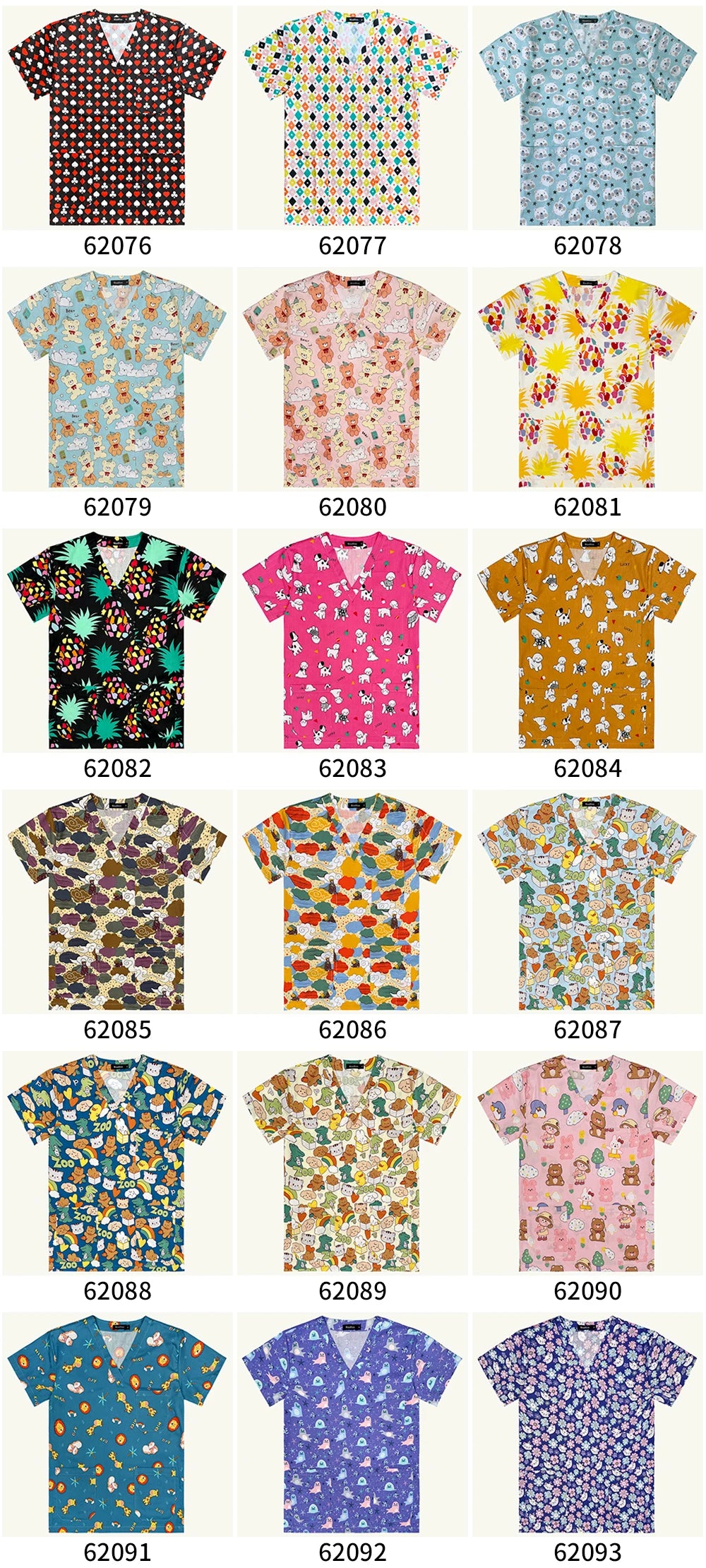 Colorful women's hospital nurse scrubs featuring floral and anime patterns, available in various styles and sizes.