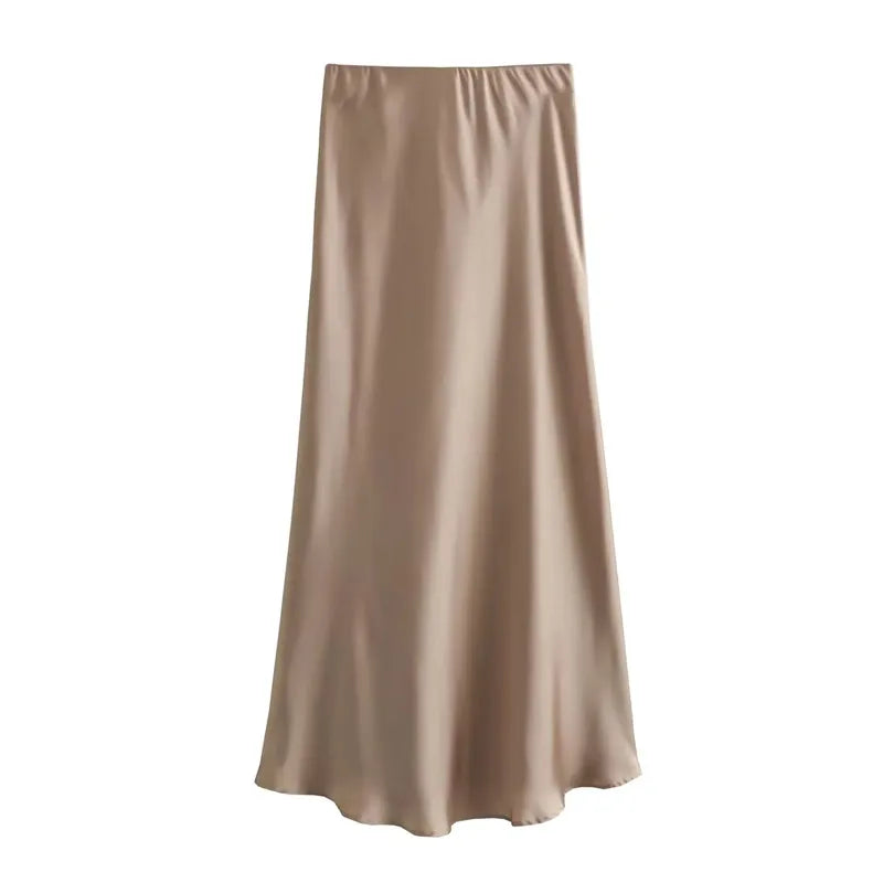 Women Satin Midi Skirt 2025