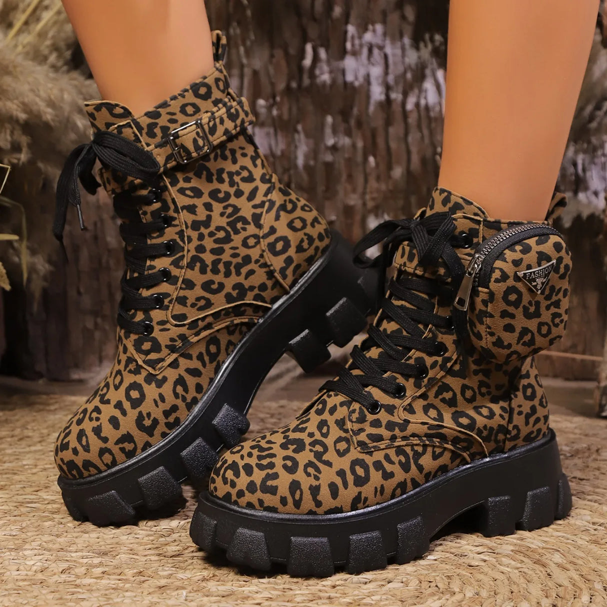 Women Leopard Print Ankle Boots – Winter High Heel Platform Shoes