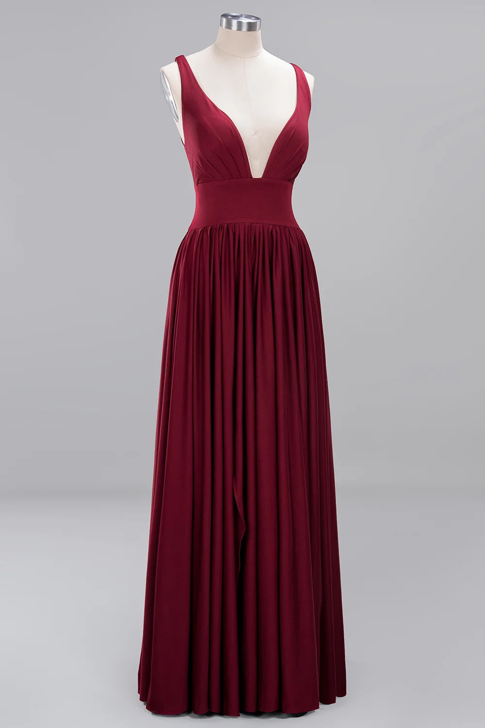 Burgundy V-Neck Bridesmaid Gown, floor-length satin dress with pleats, sleeveless design, elegant evening wear.
