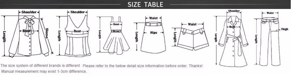 Size table showing measurements for various women's clothing items including tops, skirts, and pants.