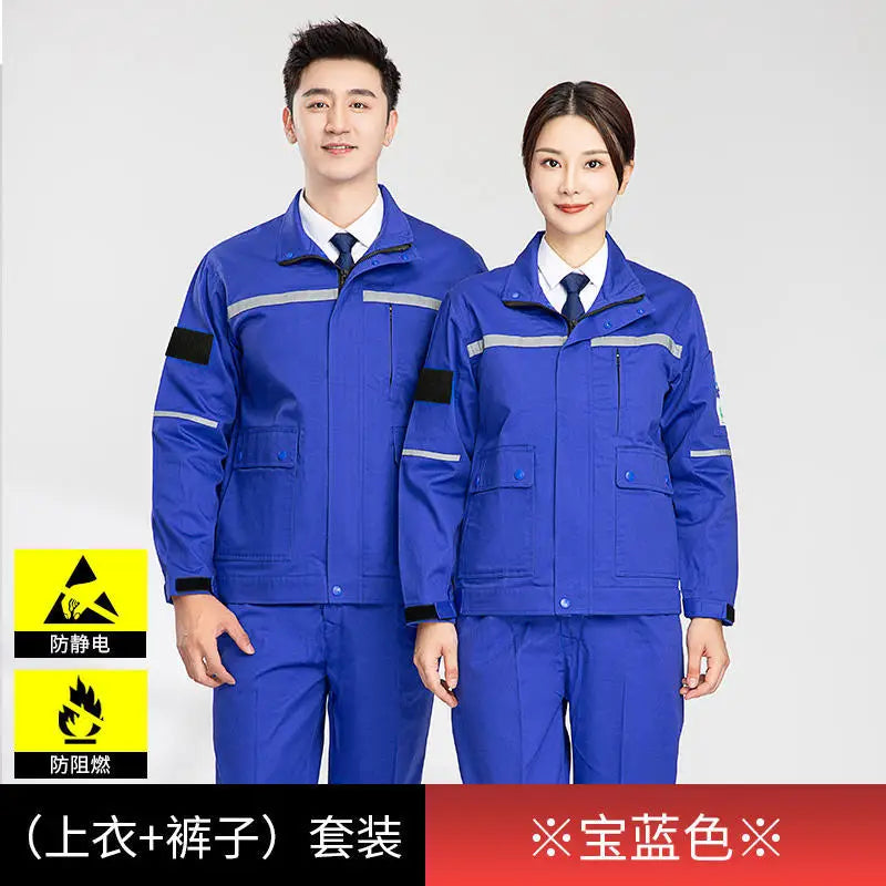 Two models wearing blue anti-static flame-resistant welding suits for professional workwear.