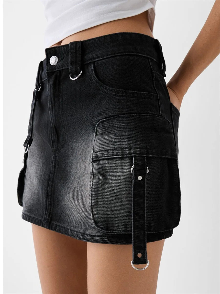 Women Denim Cargo Mini Skirt