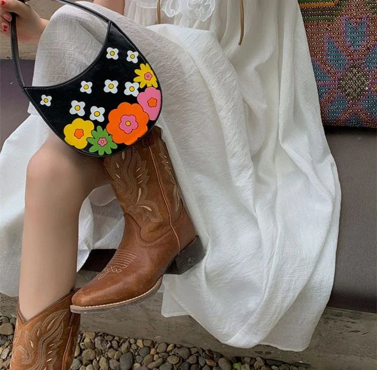 Women Mid Calf Boots Rose Embroidery Leather