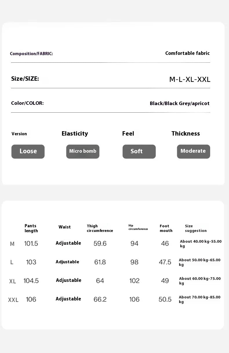 Size and fabric specifications for comfortable maternity pants in black, grey, and apricot; adjustable measurements included.