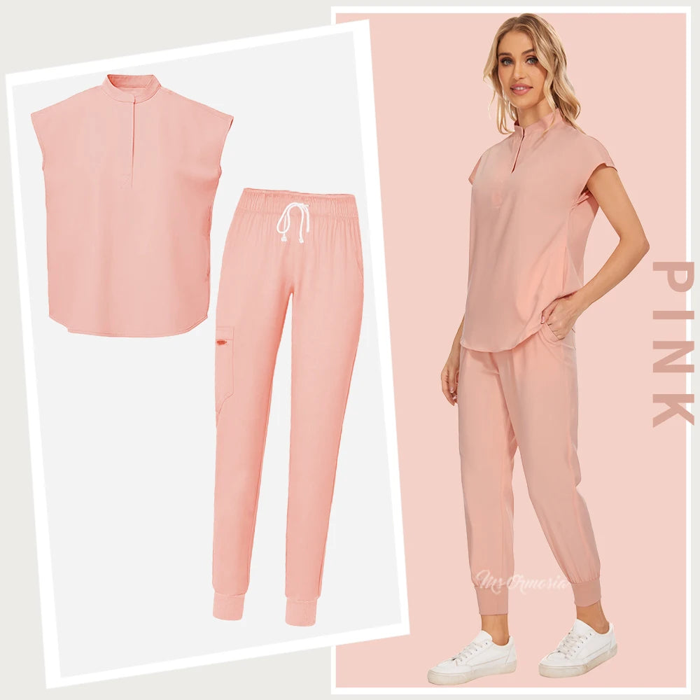 Women’s pink medical workwear set featuring a stylish top and comfortable pants, ideal for beauty salons and healthcare settings.