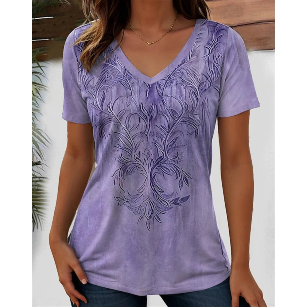 3D Flower Graphic V-Neck Tee in purple for women, featuring floral design and regular fit, made from polyester.