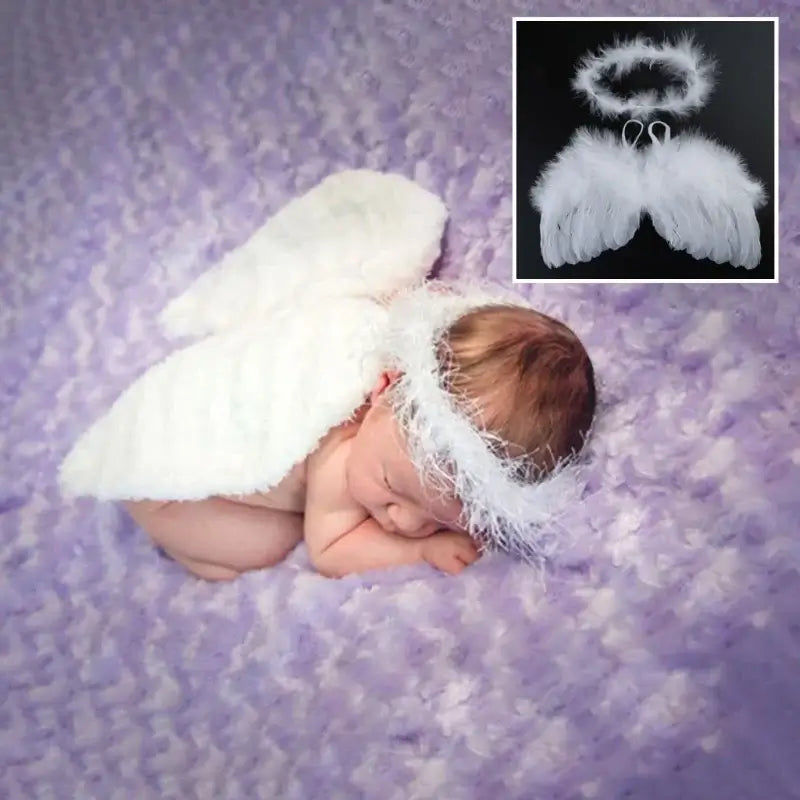 Newborn baby dressed in angel wings and headband, perfect for photography props. Ideal for ages 0-12 months.