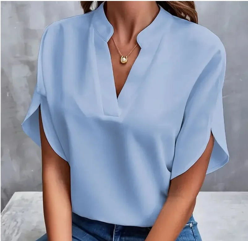 Women Solid V-Neck Short Sleeve Blouse