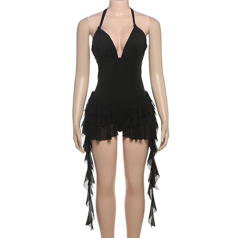 Ruffina™ – Black Ruffle Halter Festival Jumpsuit (Bold, Fun & Carefree)