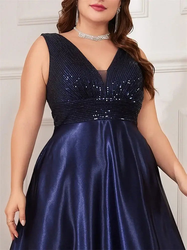 Women Plus Size Satin Sequin Evening Dress Long Prom Gown