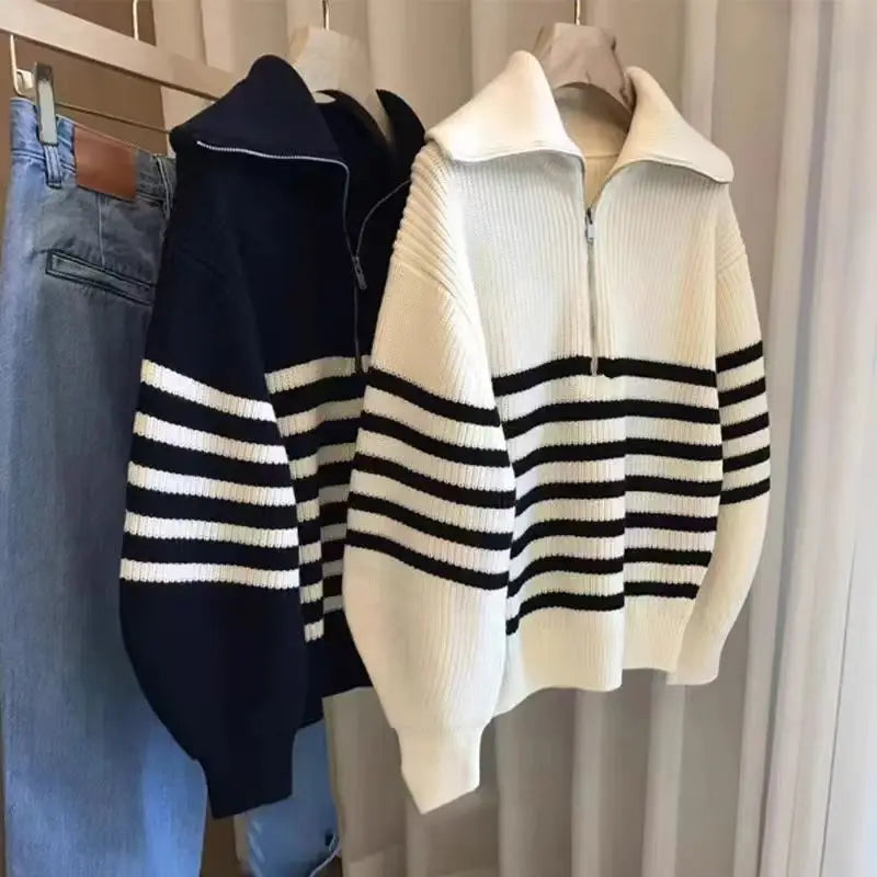 Women's Half Zipper Striped Sweater