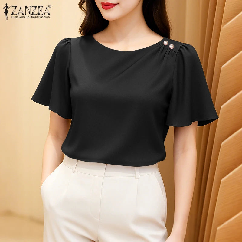 Women Satin Office Short Sleeve Blouse