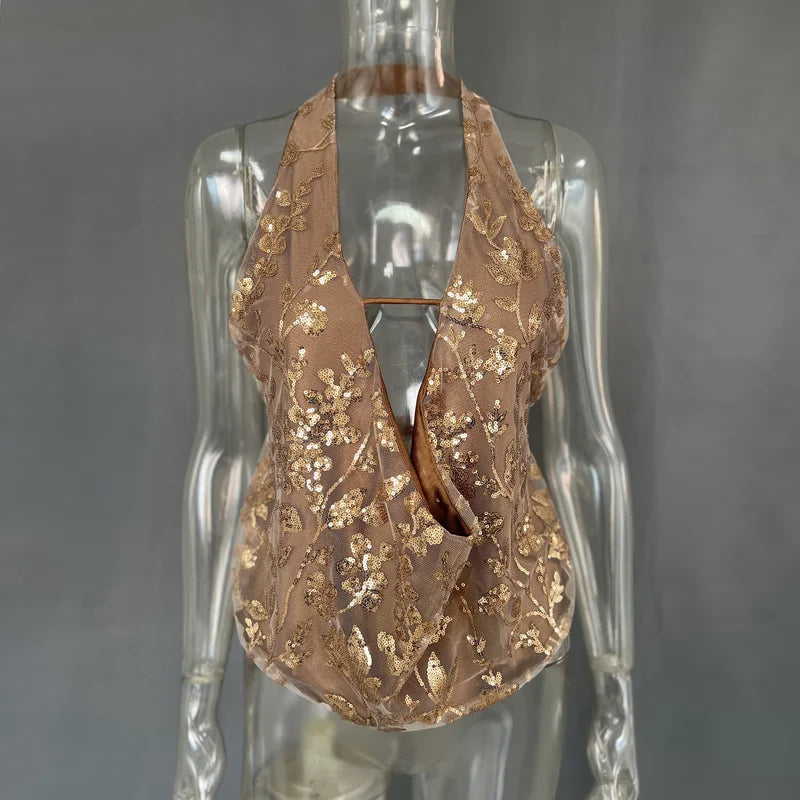 Women Sequin Deep V Tank Top