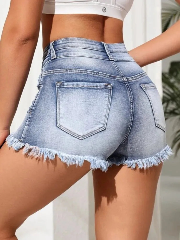 Women Ripped Tassel Denim Shorts