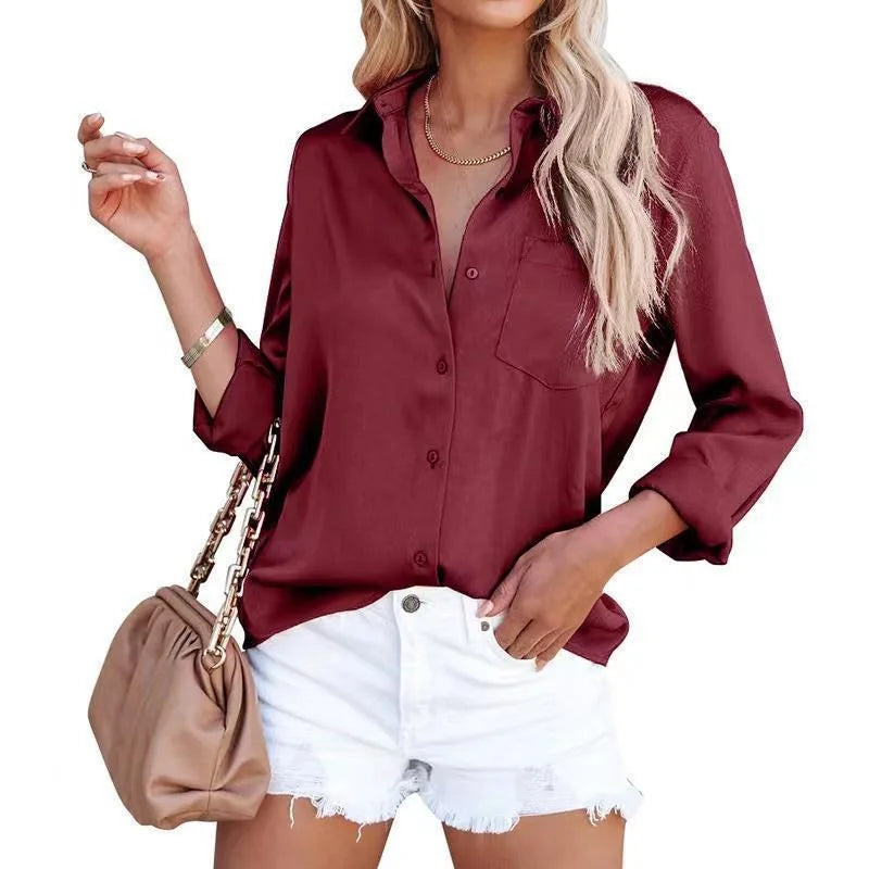 Women Long Sleeve Solid Patch Pocket Blouse
