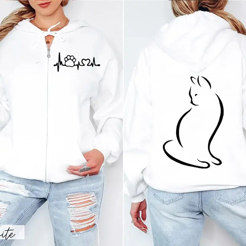 Women Cat Print Zip Hoodie Jacket Streetwear Coat