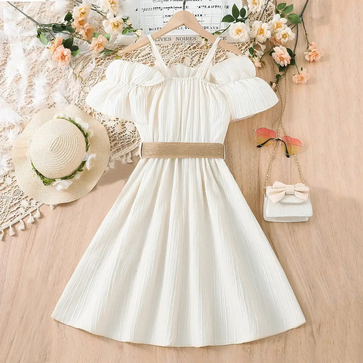 Girls casual summer dress with one-line shoulder strap and patchwork lace design, knee-length in cream color.