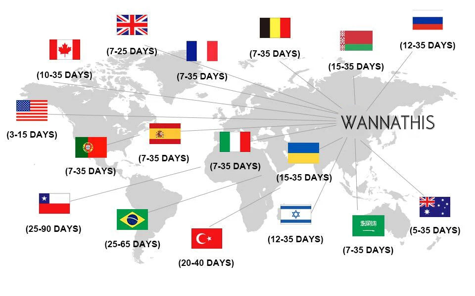 World map showing international shipping times to various countries with flags and delivery duration in days.