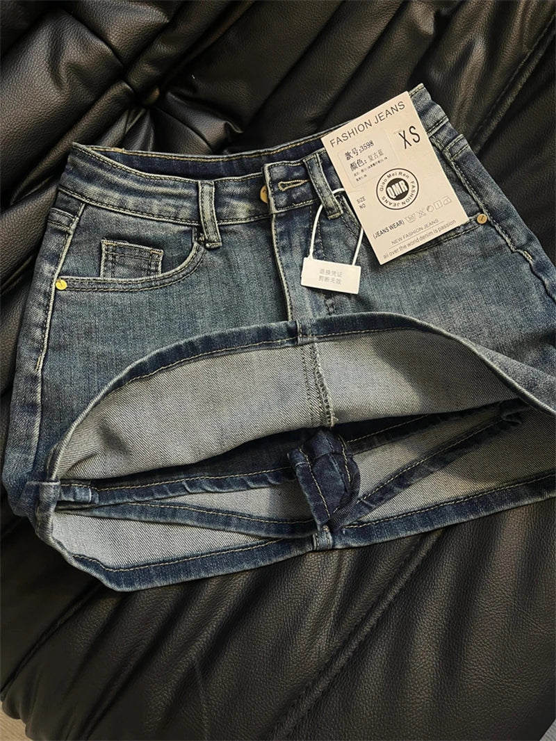 90sRider™ – A-Line Jean Skirt Shorts (Y2K Blue Vintage Style)