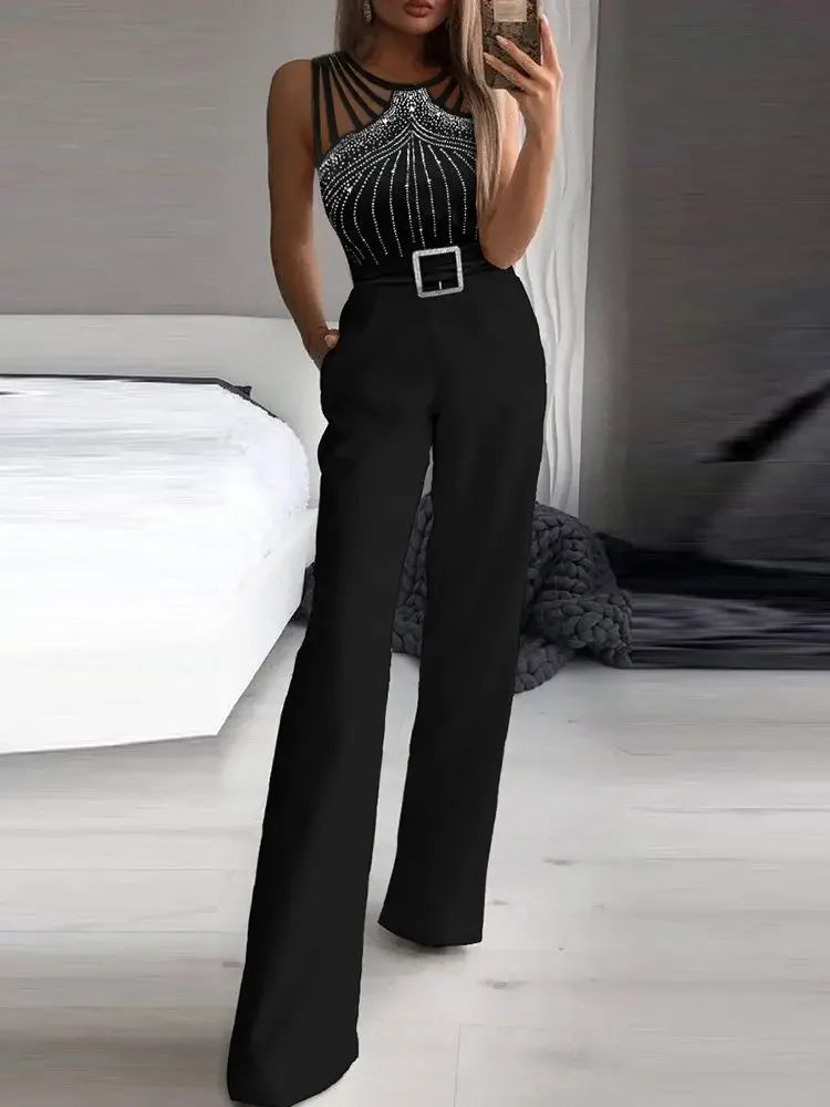GlimmaStrap™ – Multi-Strap Rhinestone Jumpsuit (Black, Glamorous & Eye-Catching)