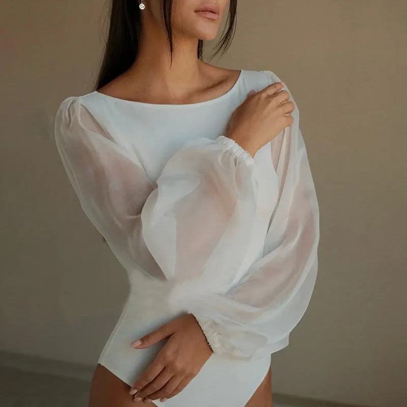 Women's Mesh Long Sleeve Bodysuit – Sexy Black White Bodycon Top