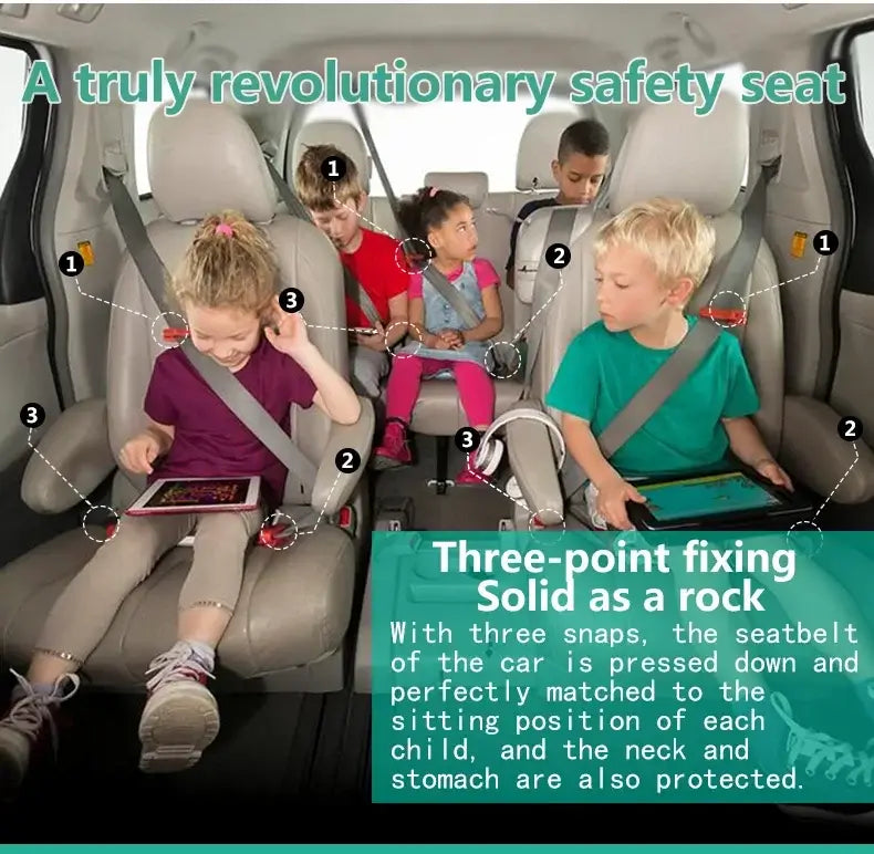 Children safely seated in a revolutionary Ifold Portable Baby Car Seat, demonstrating three-point fixing for optimal protection.