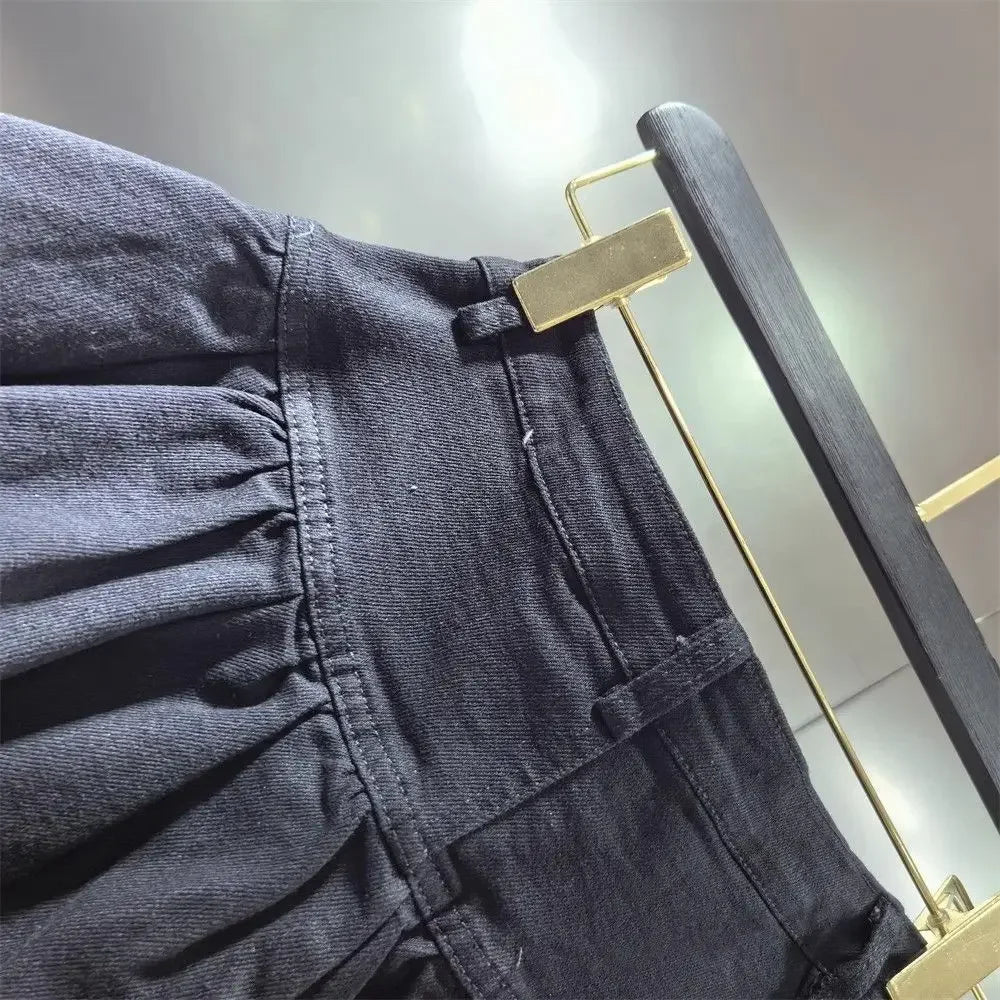 PuffyBelt™ – Puffy Layered Denim Skirt (Black A-line, High Waist)