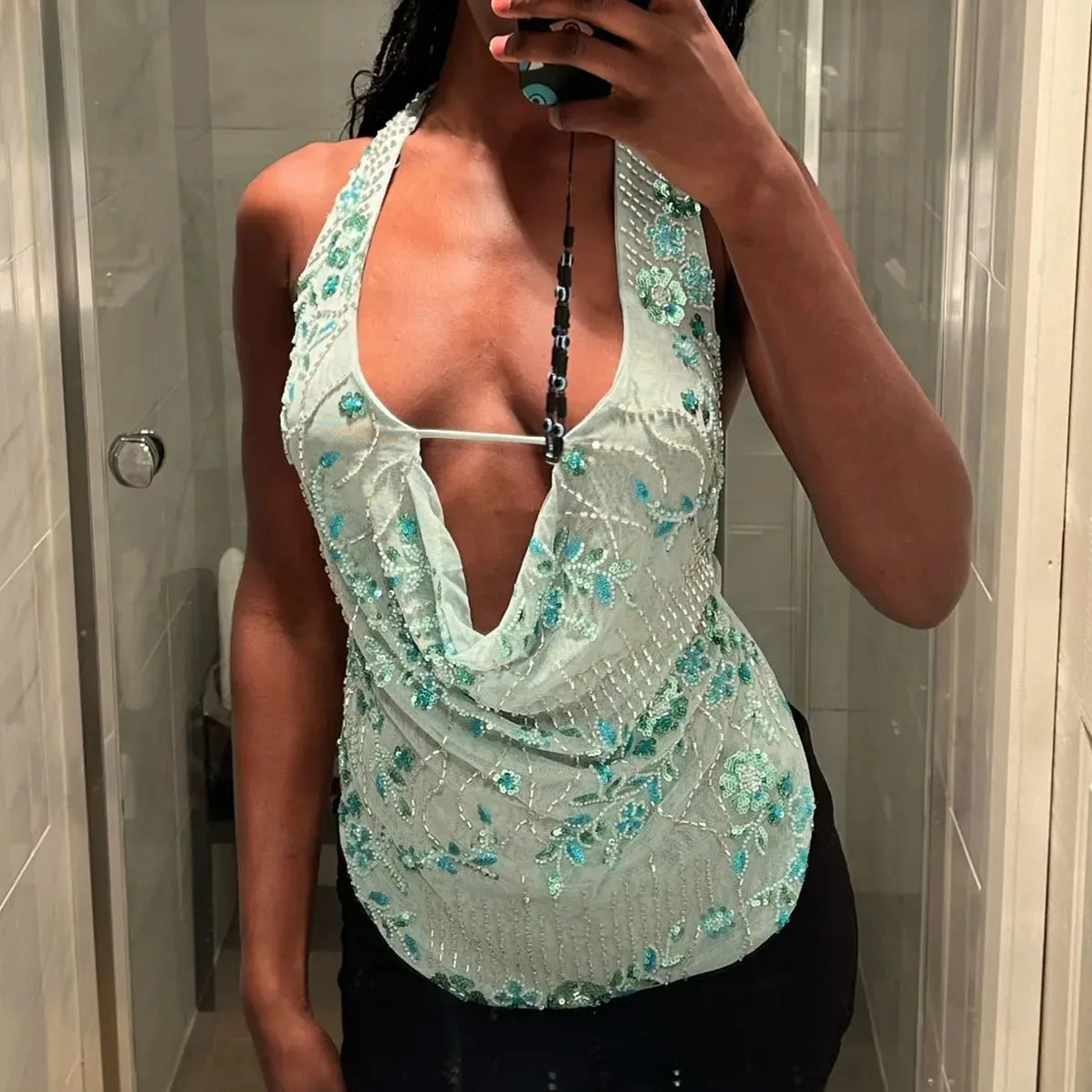 Women Sequin Deep V Tank Top