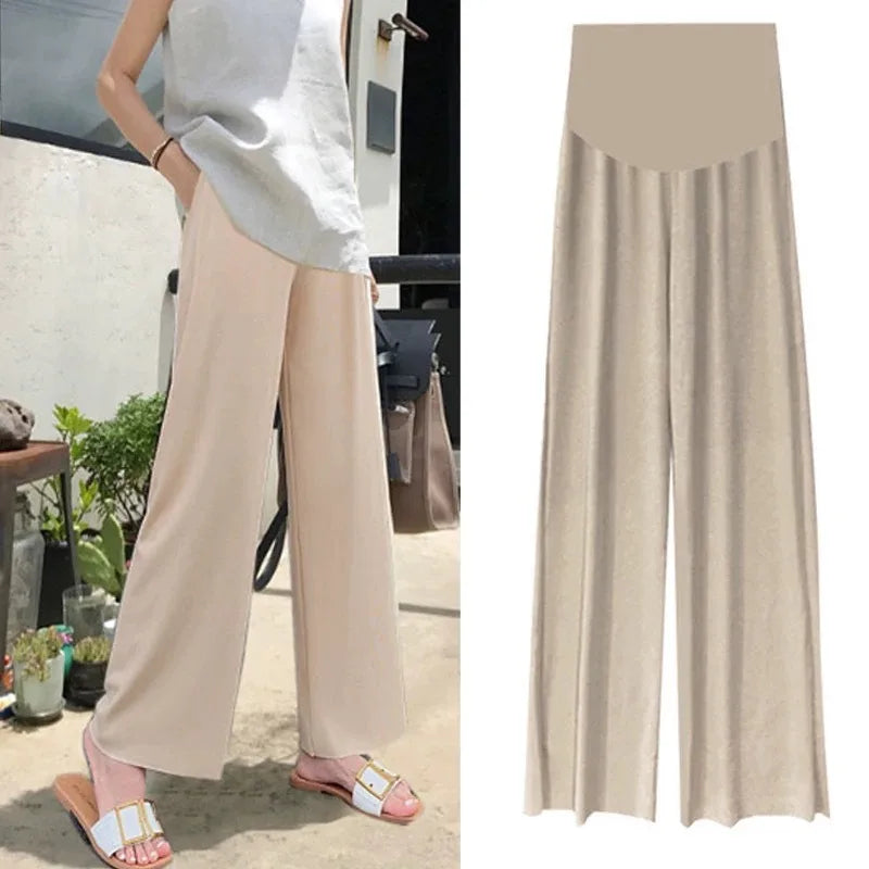 Ice Silk Pleated Maternity Pants in beige, showcasing a loose fit and summer style, perfect for comfort during pregnancy.