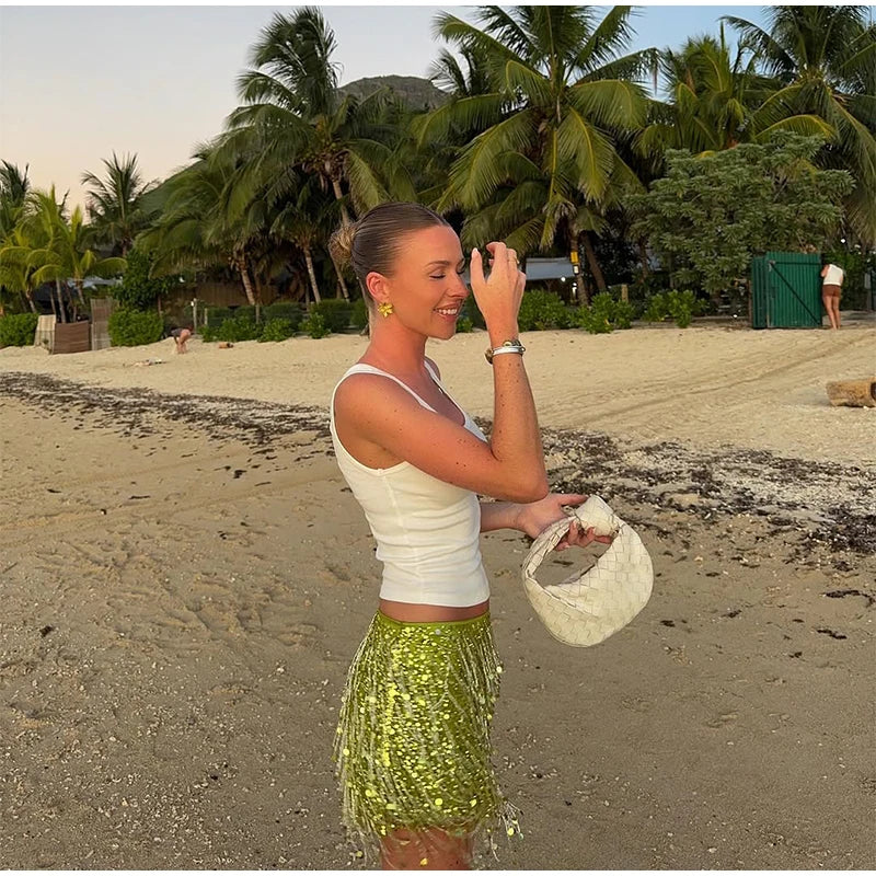 Women Sequin Tassel Party Skirt