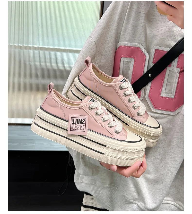 Women Canvas Shoes Black White Platform Sneakers