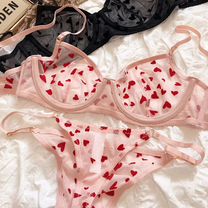 Women Mesh Heart Lingerie Set