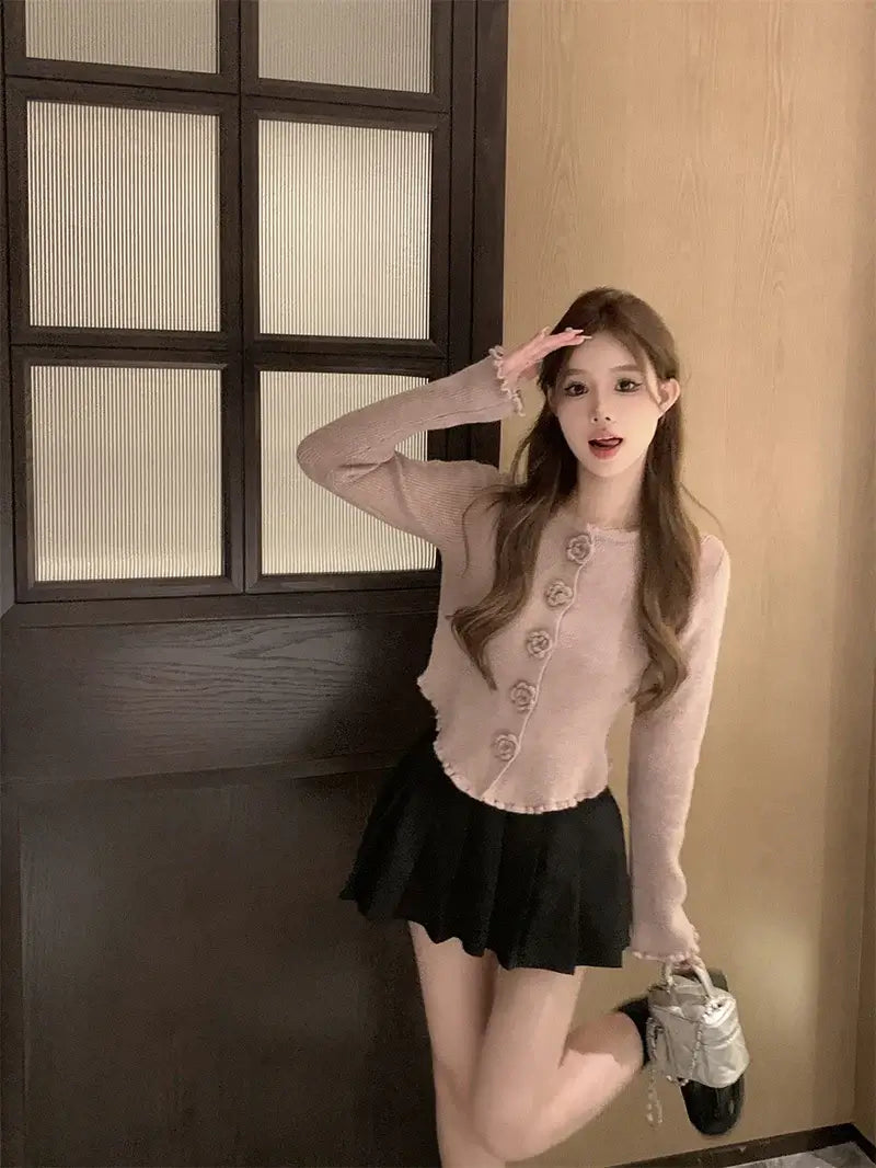 Women Cropped Floral Knit Cardigan