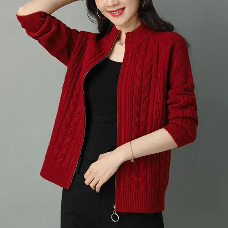 Women Zipper High Collar Knit Cardigan