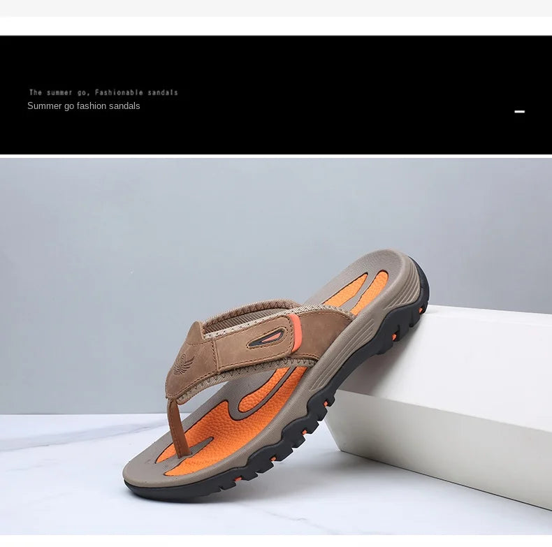 Men Cow Leather Beach Flip Flops Sandals