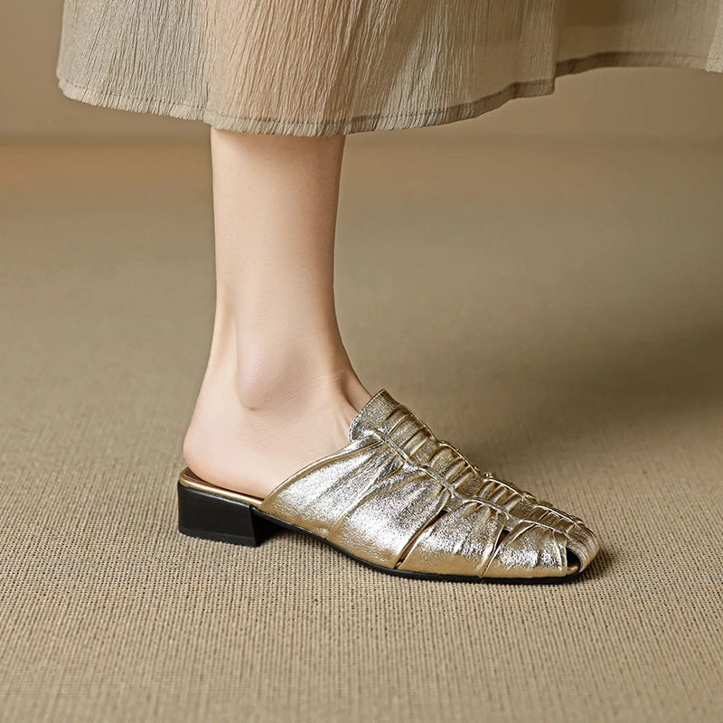 Women Mules Leather Block Heel Sandals