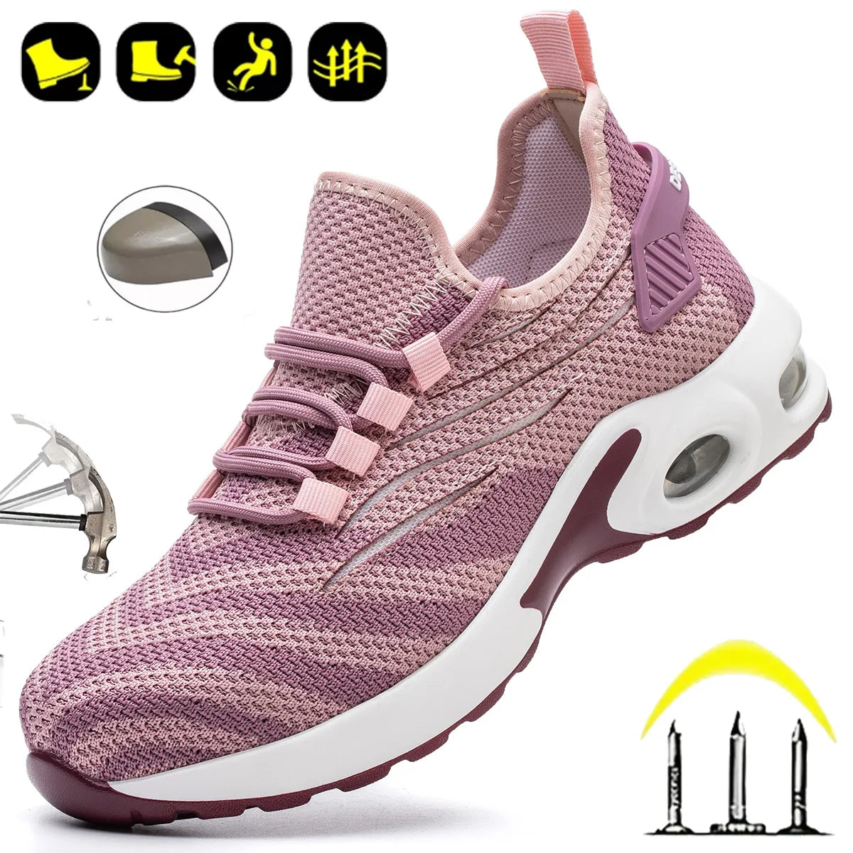 Women Safety Shoes Pink Steel Toe Sneakers