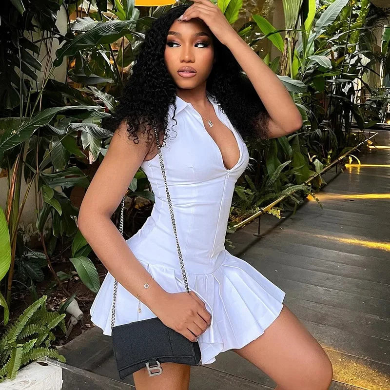 Women’s White Lapel Pleated Dress