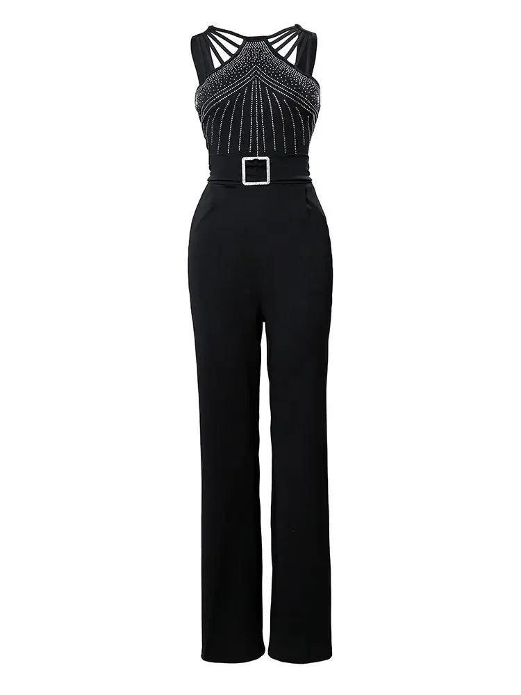 GlimmaStrap™ – Multi-Strap Rhinestone Jumpsuit (Black, Glamorous & Eye-Catching)