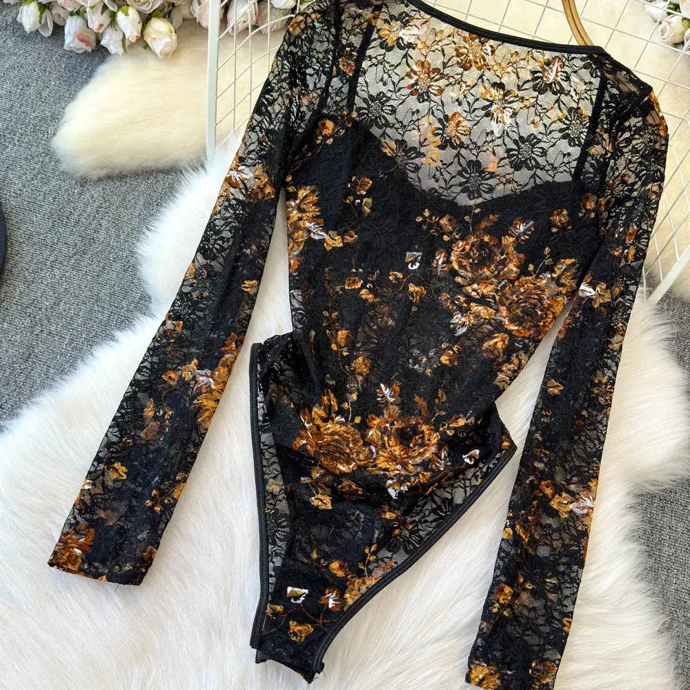 Women Square Neck Mesh Print Bodysuit
