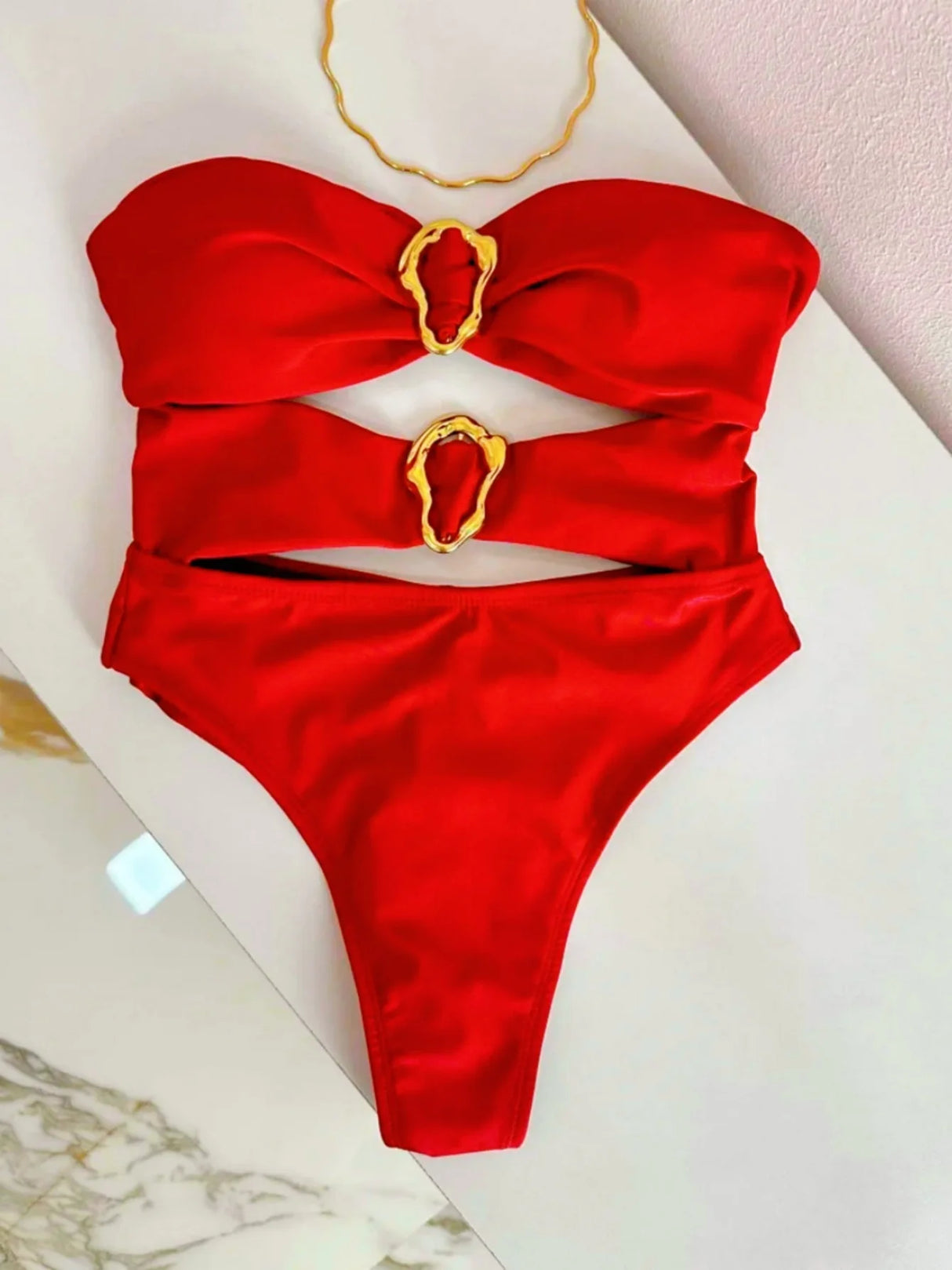 Women Metal Ring Bandeau Swimsuit