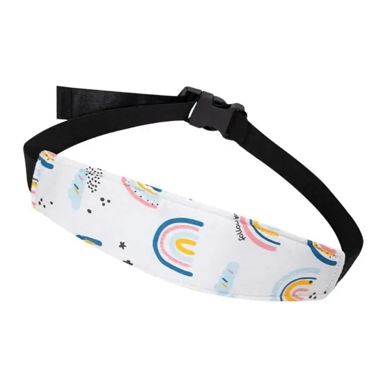 Q81A Kids Travel Neck Guard in white with rainbow prints, designed for 1-3 year olds as car seat headrest support.
